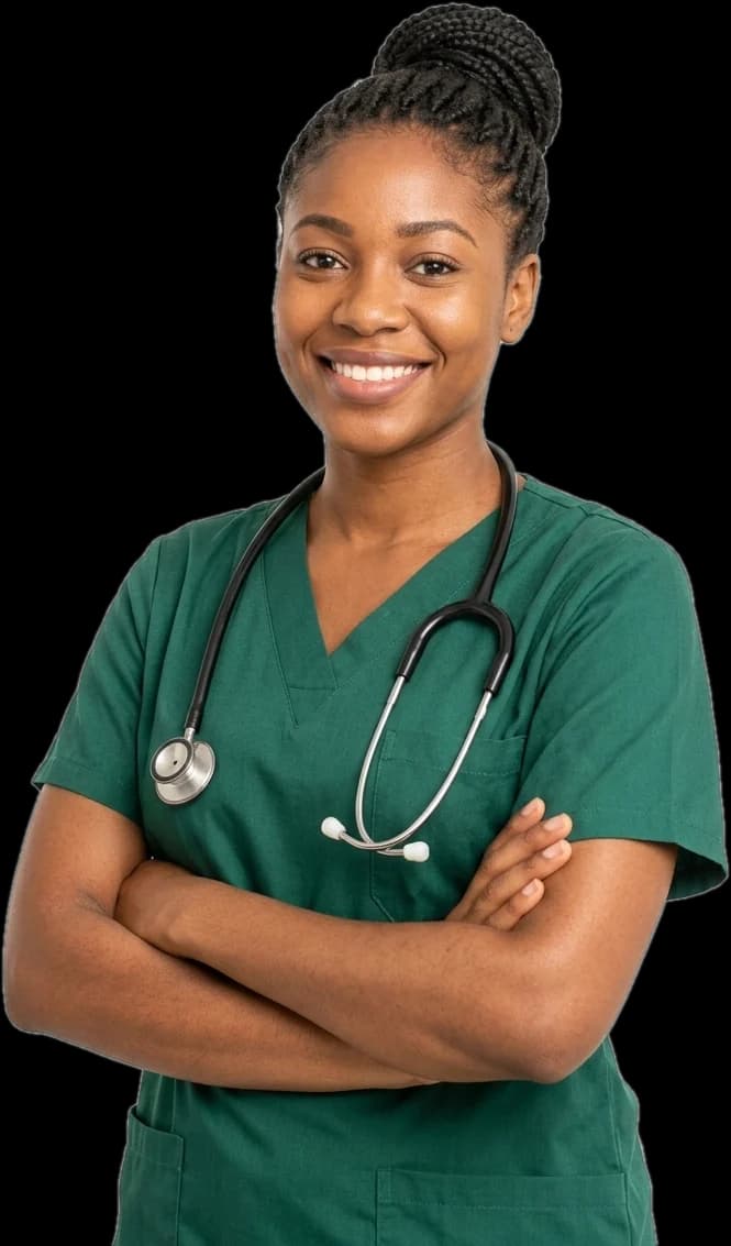 Smiling Ghanaian nurse in green scrubs with a stethoscope